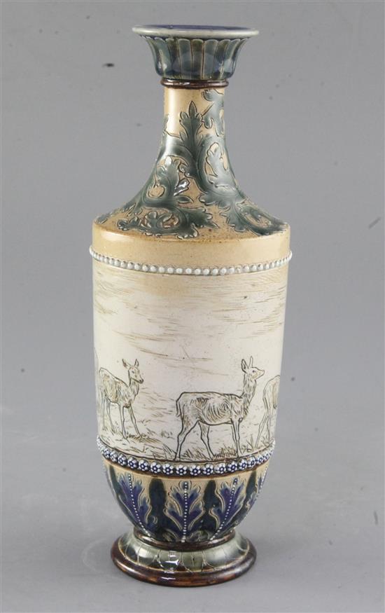 Hannah Barlow for Doulton Lambeth. A sgraffito deer vase, date code for 1879, height 26cm
